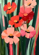 Abstract schilderij van kleurrijke klaproos-achtige bloemen