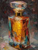 Schilderij van een parfumflacon met abstracte kleurfragmenten