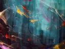 Abstracte compositie van kleurrijke lichtsporen in blauw, oranje en paars.