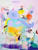 Abstract schilderij met ronde vormen en ogen die een olifantfiguur suggereren.
