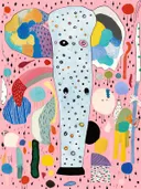 Abstract kunstwerk met een lichtblauwe olifantvorm bedekt met gekleurde stippen op een roze achtergrond.