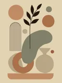 Abstracte illustratie met organische vormen, cirkels en een plantentak in aardetinten