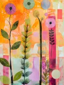 Abstract kunstwerk met lange stelen met ronde bloemhoofdjes op een oranje achtergrond