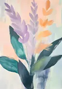 Abstract schilderij van paarse bloemtakken met groene bladeren