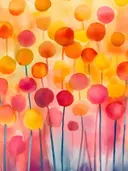 Abstract aquarel met ronde bloemhoofdjes op steeltjes in oranje, geel en roze kleurverloop