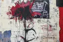 Abstracte rood-zwarte distelbloem op crèmekleurige verweerde achtergrond