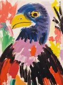 Close-up schilderij van een blauwe roofvogel met gele snavel tussen kleurige vlekken.