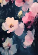 Abstract schilderij van roze bloemen op marineblauwe achtergrond