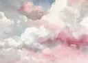 Abstract impasto schilderij van een wolkenlucht in roze en blauw
