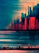 Abstracte skyline schilderij in rood en blauw