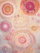 Abstract bloemen stippenpatroon schilderij in oranje en fuchsia