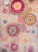 Abstract bloemen stippenpatroon schilderij in perzik en goud