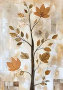 Abstracte tak met gouden bladeren, botanisch schilderij