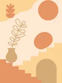 Abstracte illustratie van een trap, boogvorm, zon en een kleine plant