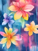 Abstract aquarel met een grote roze-gele bloem en druipende verf op turquoise achtergrond