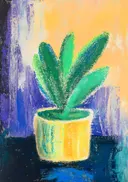 Abstract schilderij van een vetplant in een gele pot