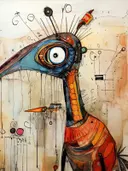 Abstracte, sketch-achtige vogel met groot rond oog en oranje lijf
