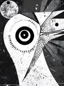 Abstract grafisch schilderij van een vogelkop met oog