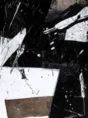 Abstract schilderij met houttextuur en zwart-wit vlakken