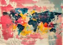 Abstracte collage van een wereldkaart met kranteknipsels en kleurvlakken