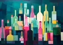 Abstract schilderij van kleurrijke wijnflessen tegen een turquoise achtergrond