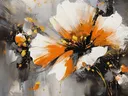 Abstract schilderij van een witte en oranje bloem met gouden accenten