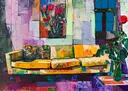 Abstracte collage van een kleurrijk woonkamerinterieur