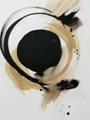 Abstract schilderij met zwarte cirkel op beige achtergrond