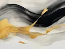 Abstract schilderij met zwarte golfvorm en gouden lijn