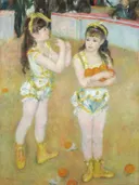 Acrobats at the Cirque Fernando (Francisca and Angelina Wartenberg) van Pierre-Auguste Renoir: figuren met circus, meisjes, sinaasappels en kostuum, in warm geel en okergeel