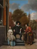 Adolf and Catharina Croeser, Known as ‘The Burgomaster of Delft and his Daughter’ van Jan Steen: figuren met man, meisje, stoep en straat, in warm bruin met blauw