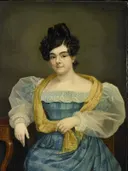 Adriana Johanna van Wijck (1807 86), echtgenote van Johannes Ploos van Amstel van Petrus van Schendel: portret met vrouw, blauwe japon, sjaal en stoel, in blauw met geel