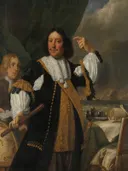 Aert van Nes (1626 93). Luitenant admiraal van Bartholomeus van der Helst: portret met man, admiraal, sjerp en jongen, in donker met goud en wit