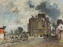 Afbraak van de Rue des Franc-Bourgeois St. Marcel van Johan Jongkind: stad met sloopwerk, huizen, mensen en muur, in grijsblauw met bruin