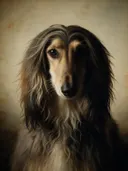 Studioportret van Afghaanse Windhond van voren, tegen een geschilderd doek in creme