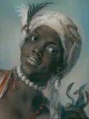 Africa van Rosalba Carriera: portret met vrouw, parels, tulband en veren, in bruin, wit en parelgrijs