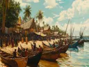 Schilderij van een Afrikaans vissersdorp met boten aan de kust