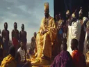 Schilderij van een Afrikaanse koning op zijn troon met hofhouding