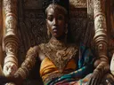 Afrikaanse vrouw op een versierde troon met gouden sieraden