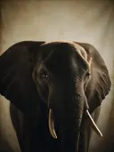 Studioportret van Afrikaanse Olifant van voren, tegen een geschilderd doek in creme