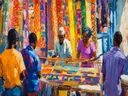 Schilderij van Afrikaanse wevers op een kleurrijke textielmarkt