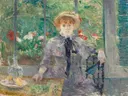 After Lunch, 1881 van Berthe Morisot: figuren met vrouw, bloemen, hoed en terras, in zacht roze en groen