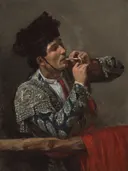 After the Bullfight van Mary Cassatt: portret met man, torero, kostuum en sigaret, in donkerbruin en rood