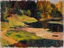 Akhtyrka Park , GAC van Wassily Kandinsky: landschap met park, bomen, herfst en gras, in groen, oranje en paars