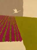 Schilderij van akker met overvliegende vogel in bordeaux en olijf, in vlakke kleurvlakken