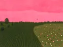 Schilderij van akker tot aan de bomen in roze en olijf, in vlakke kleurvlakken