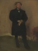Alexander Arnold Hannay van James McNeill Whistler: portret met man, zwarte jas, staand en hoge laarzen, in donkerbruin en zwart