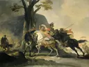 Alexander the Great at the Battle of the Granicus against the Persians van Cornelis Troost: figuren met ruiters, paarden, veldslag en soldaten, in gedempt geelgrijs