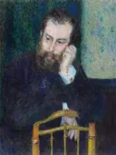 Alfred Sisley van Pierre-Auguste Renoir: portret met man, baard, stoel en leunend, in donker blauw en bruin