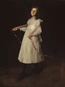 Alice van William Merritt Chase: portret met meisje, witte jurk en staand, in donkerbruin met wit
